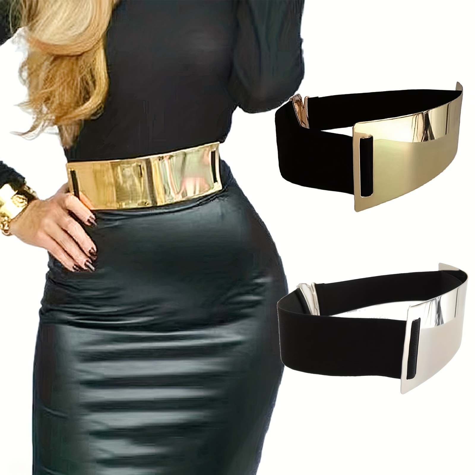 Off White Belt - Punk-Elegant Metallic Glossy Wide Belt Waistband
