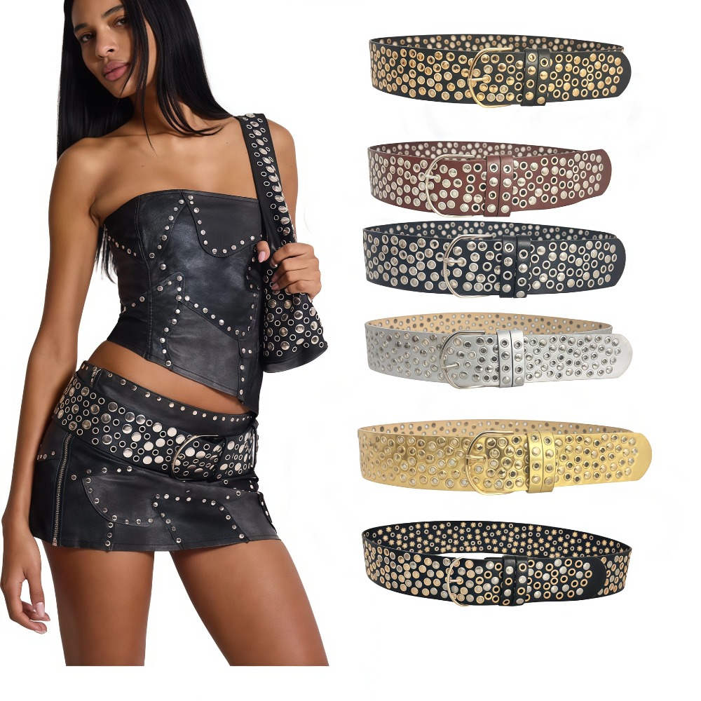 Punk Hollow Eyelet Rivet Belt  - Streetwear Brand Belts 评论和价格