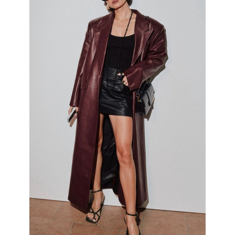 Women Autumn Long Leather Jack - Streetwear Brand Belts 评论和价格