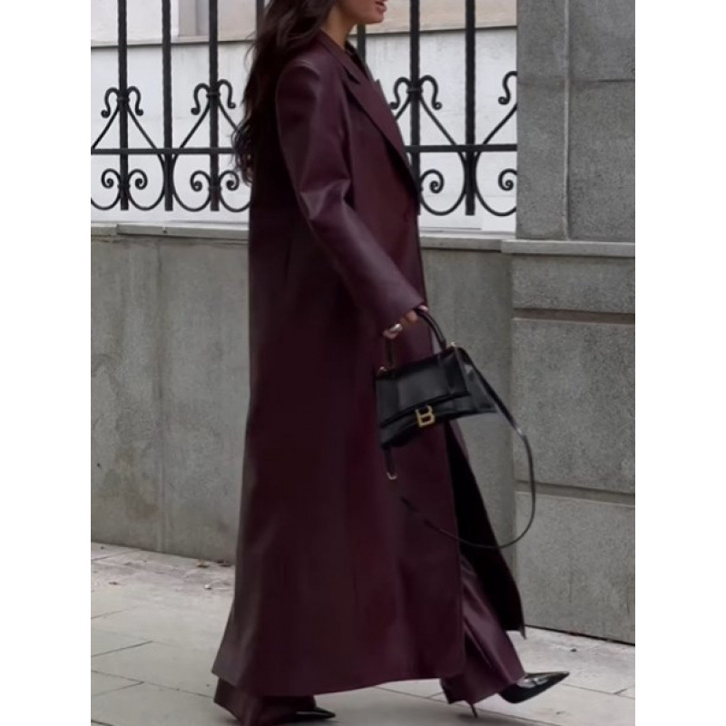 Women Autumn Long Leather Jack - Streetwear Brand Belts 评论和价格