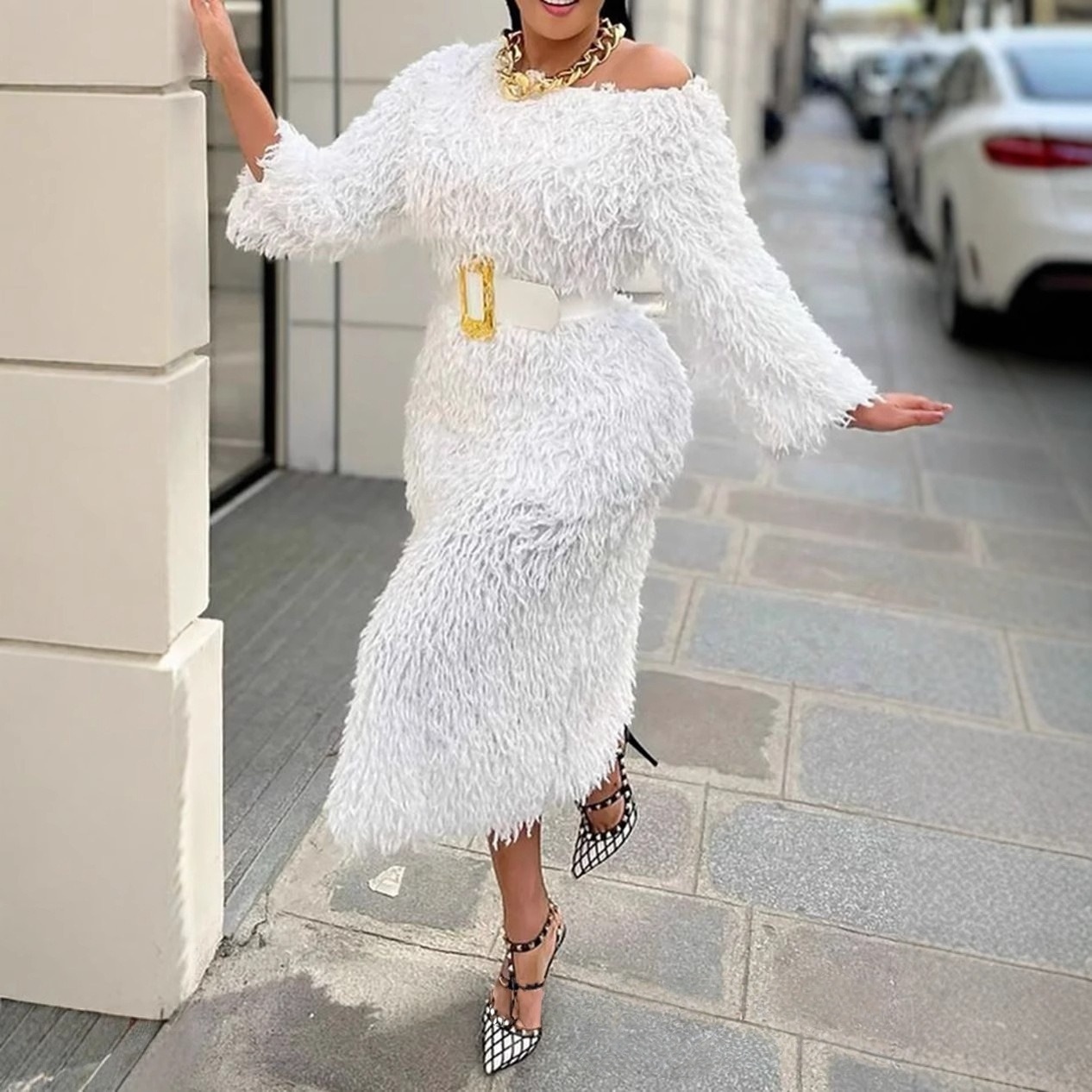 Winter Evening Dress Woman Lon - Off White Belt 评论和价格