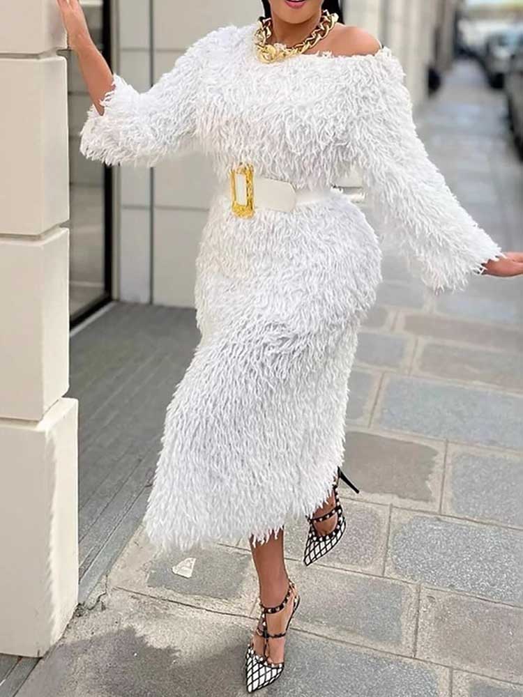 Winter Evening Dress Woman Lon - Off White Belt 评论和价格