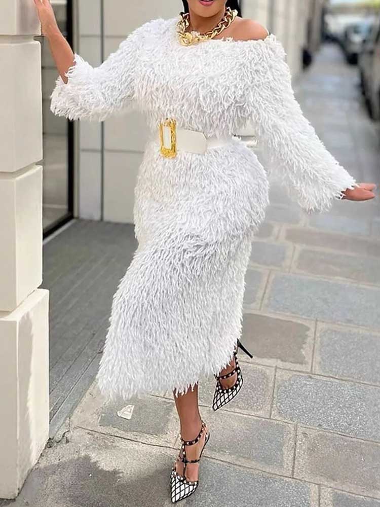 Winter Evening Dress Woman Lon - Off White Belt 评论和价格